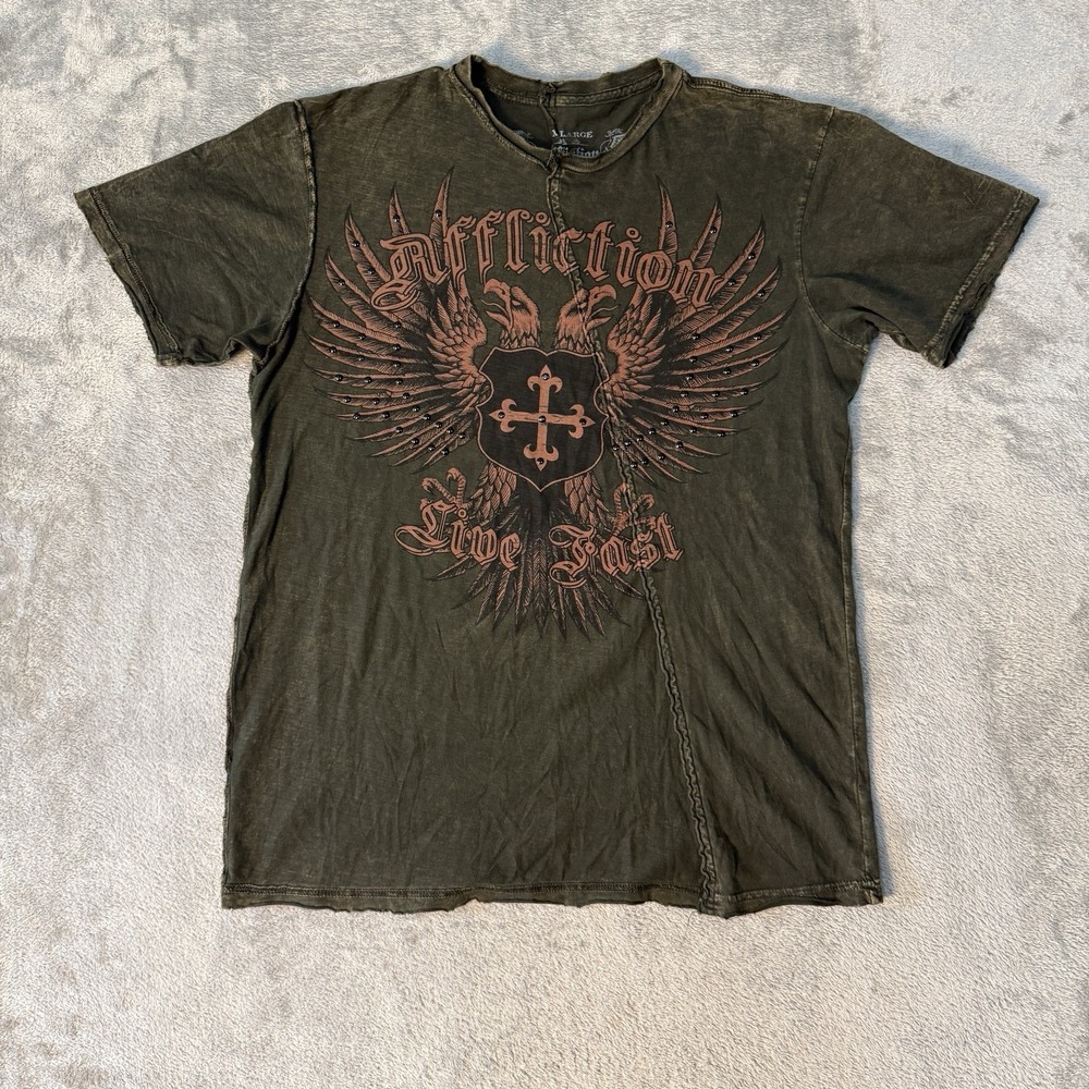 Affliction Live Fast T-Shirt Mens XL Black Wash Graphic Tee Eagle Rhinestone